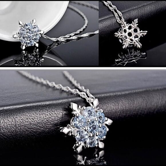 Elegant Blue Crystal   Snowflake Silver Necklace - Picture 3 of 6